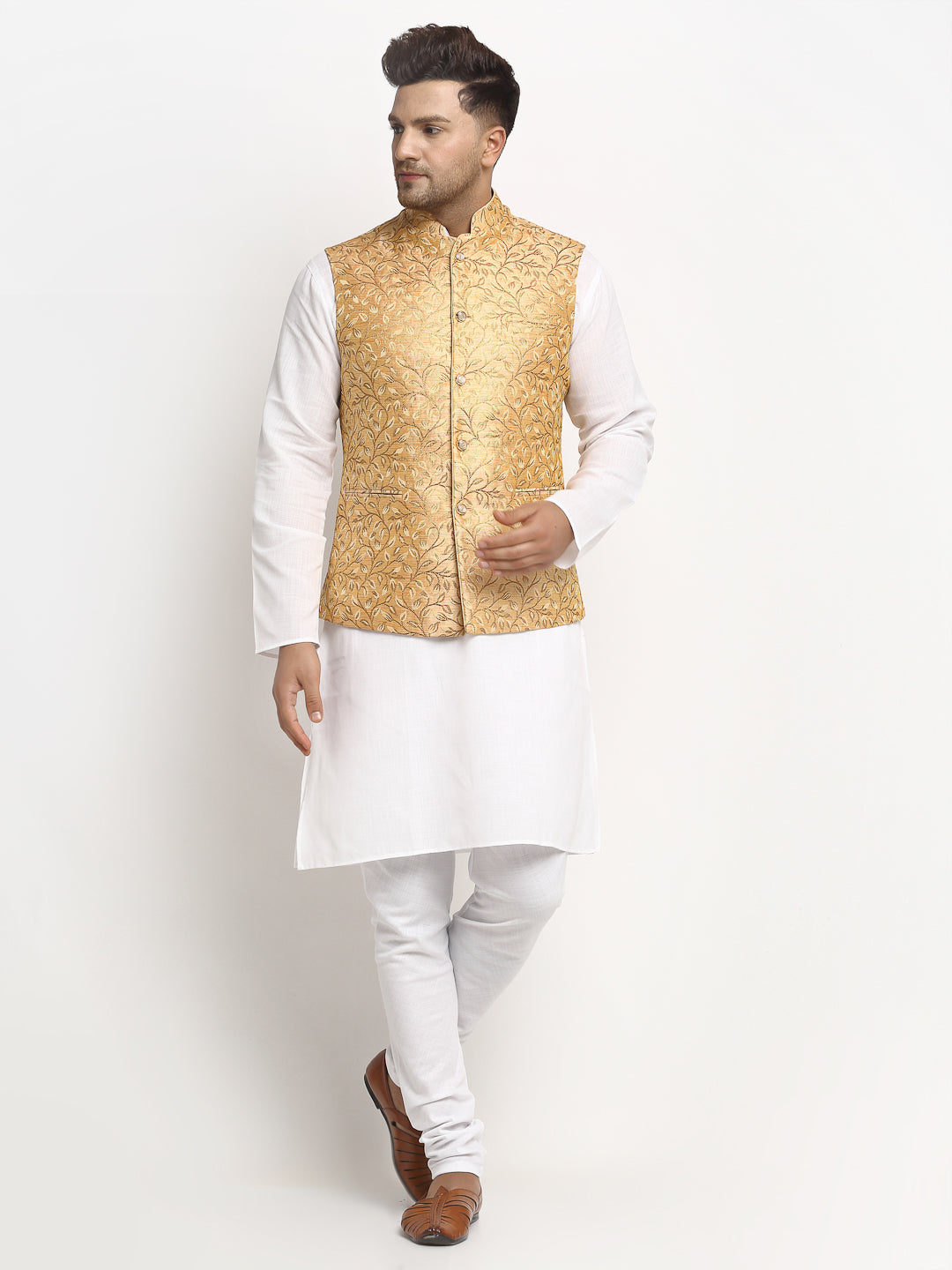 New Designer Men Rose Gold Brocade Nehru Jacket With Golden Work By Treemoda