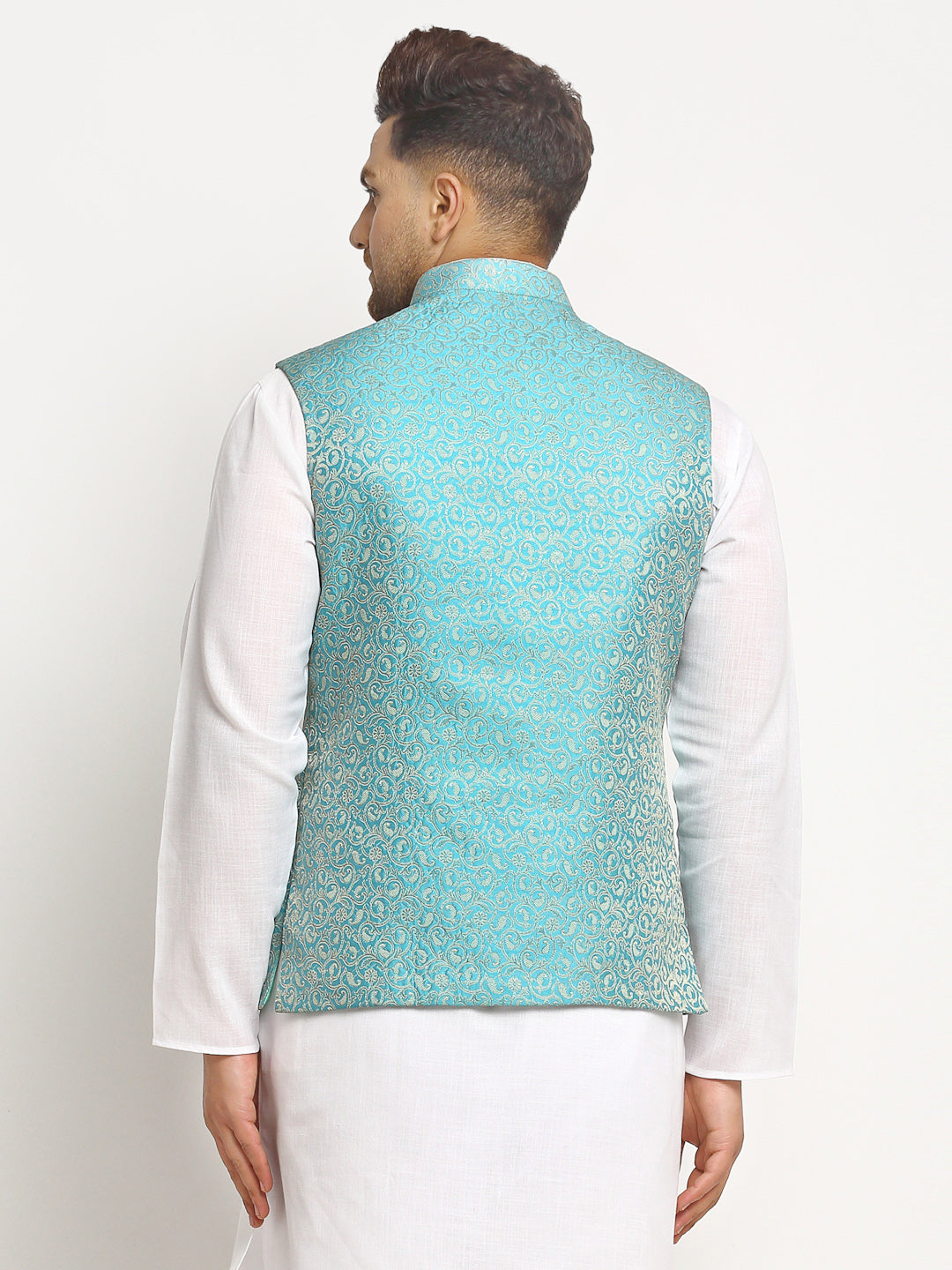 New Designer Men Turquoise Blue Brocade Nehru Jacket By Treemoda
