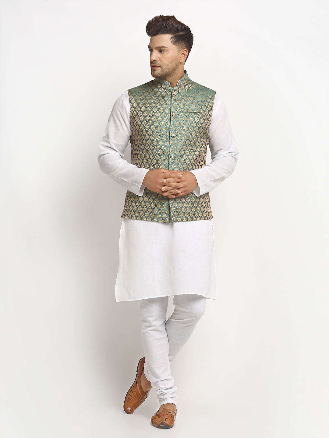 New Designer Men Sapphire Blue Brocade Nehru Jacket With Golden Work By Treemoda