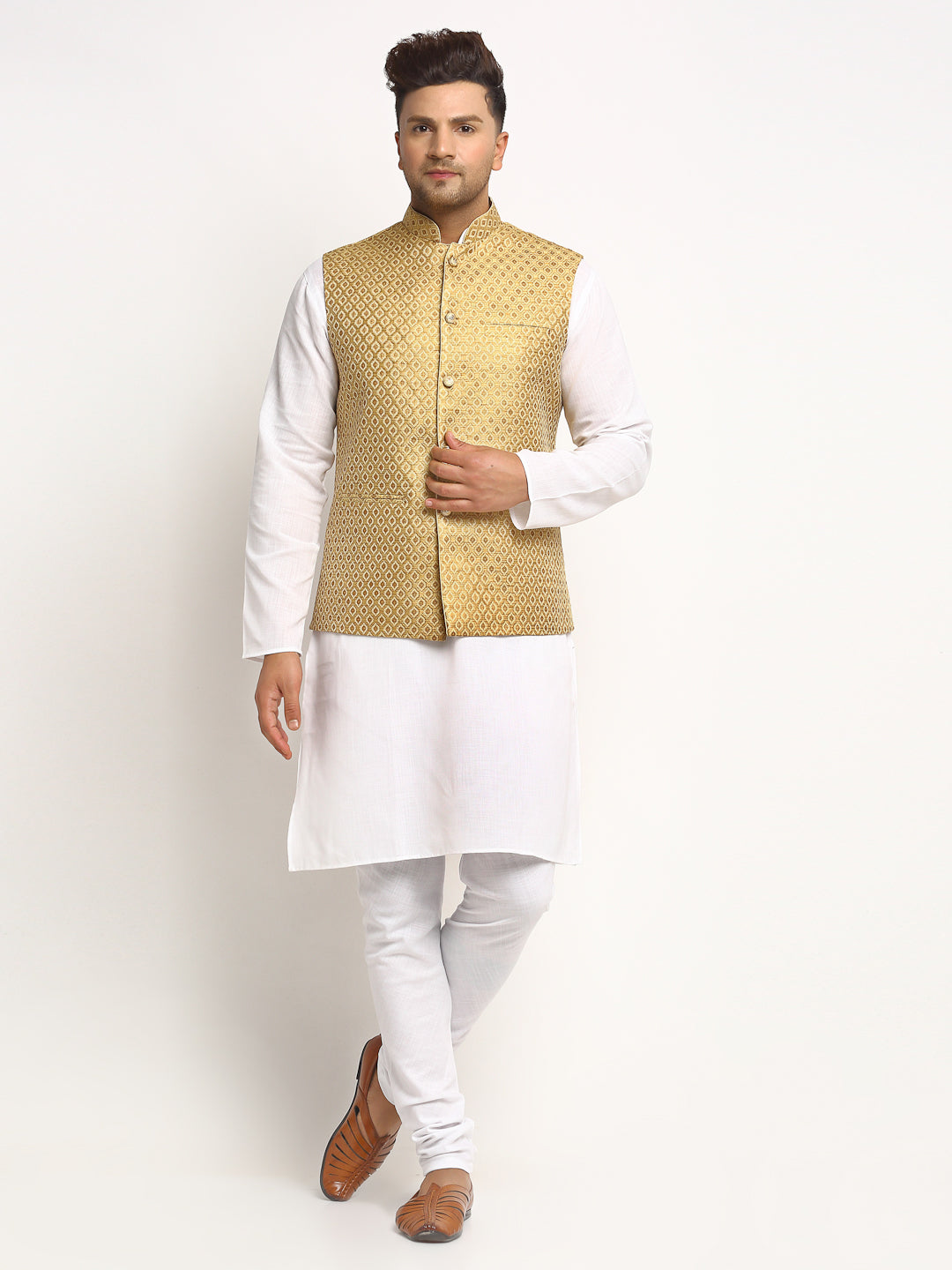 New Designer Men Golden Brocade Nehru Jacket With Golden Work By Treemoda