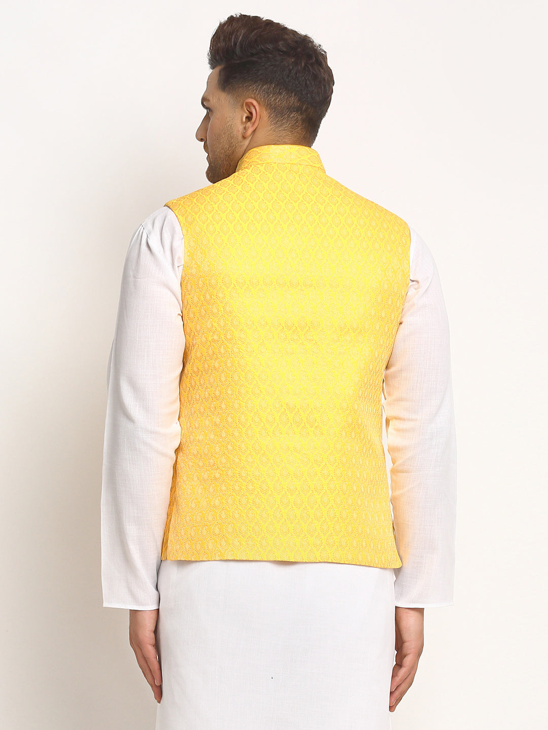 New Designer Men Yellow Brocade Nehru Jacket With Golden Work By Treemoda