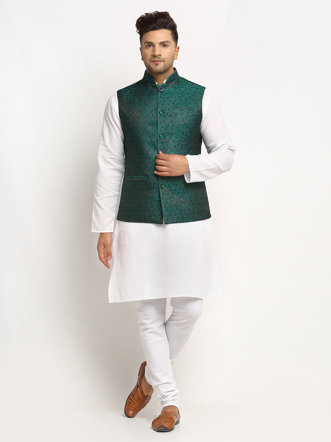 New Designer Men Bottle Green  Brocade Nehru Jacket With Golden Work By Treemoda
