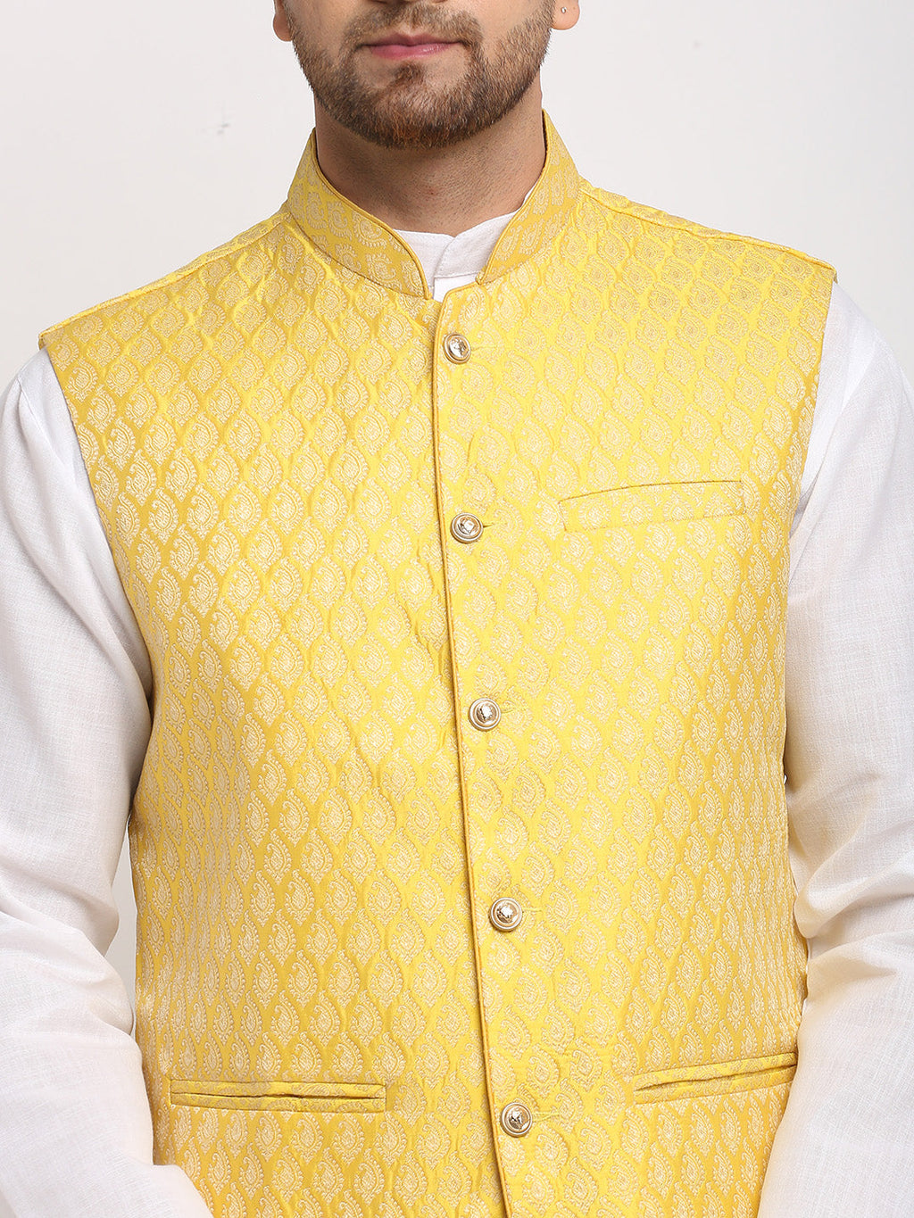 Treemoda Ethnic Plain White Kurta Pajama With Brocade Yellow Nehru Jacket For Men