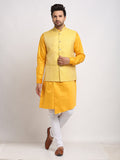 Treemoda Ethnic Cotton Blend Yellow Kurta Pajama With Brocade Yellow Nehru Jacket For Men