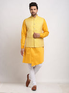 Treemoda Ethnic Cotton Blend Yellow Kurta Pajama With Brocade Yellow Nehru Jacket For Men
