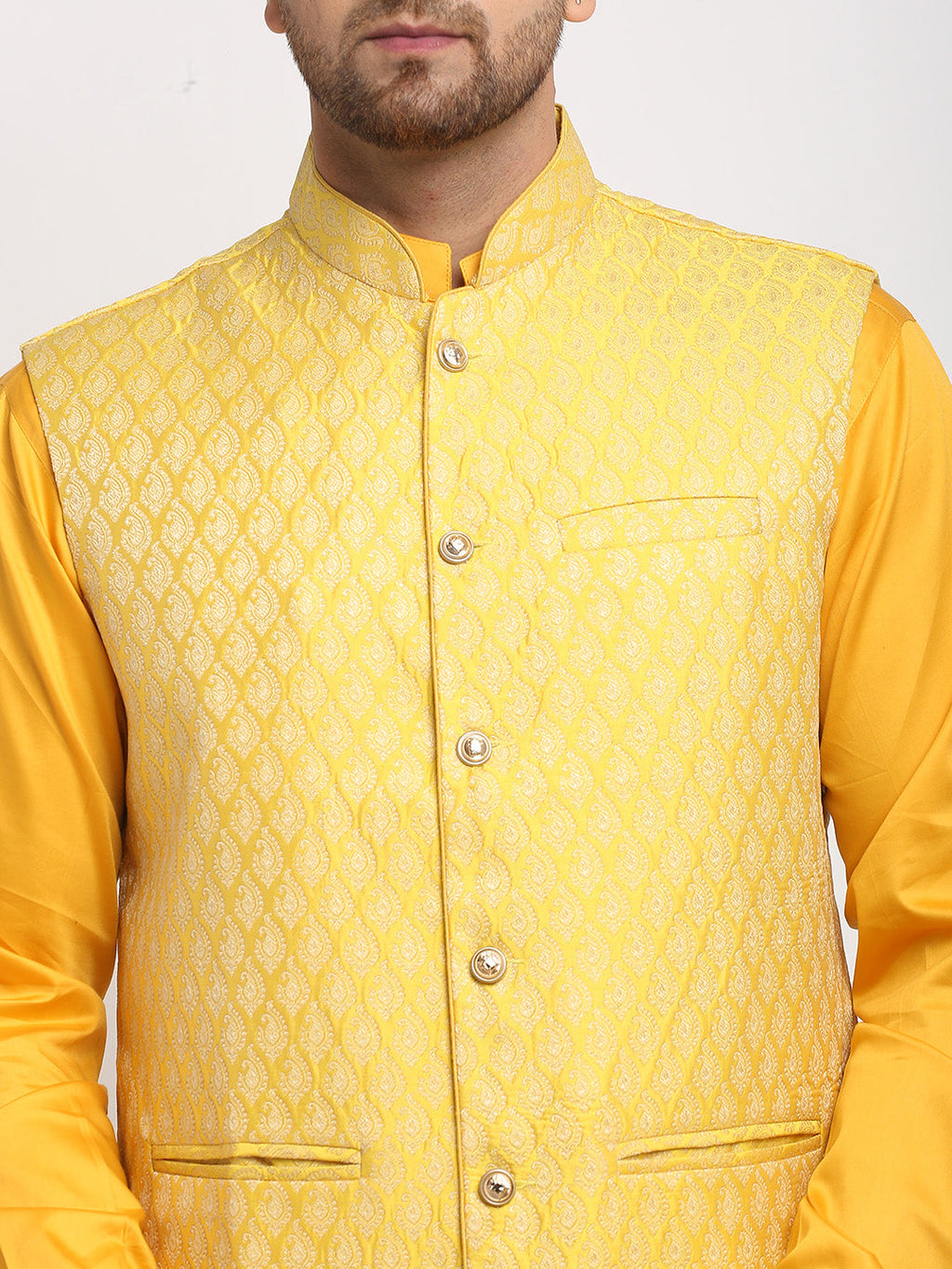 Treemoda Ethnic Cotton Blend Yellow Kurta Pajama With Brocade Yellow Nehru Jacket For Men
