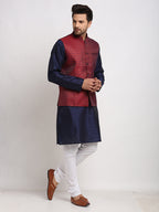 Treemoda Ethnic Brocade Navy Blue Kurta Pajama With Brocade Maroon Nehru Jacket For Men