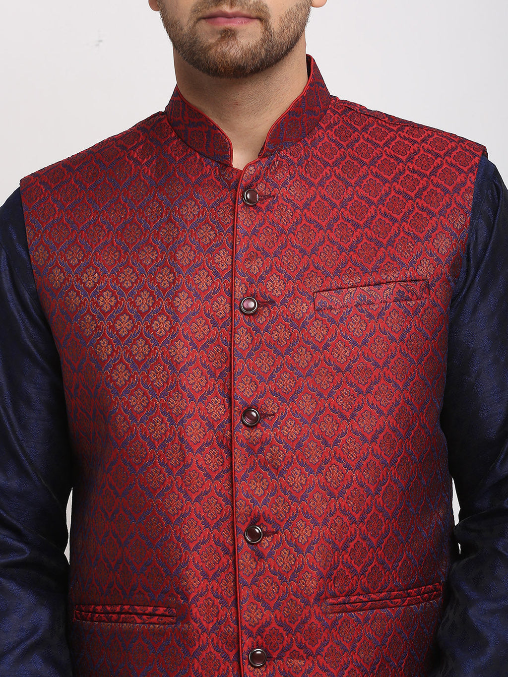 Treemoda Ethnic Brocade Navy Blue Kurta Pajama With Brocade Maroon Nehru Jacket For Men