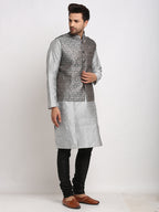 Treemoda Ethnic Brocade Grey Kurta Pajama With BlackGrey Nehru Jacket For Men