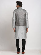 Treemoda Ethnic Brocade Grey Kurta Pajama With BlackGrey Nehru Jacket For Men
