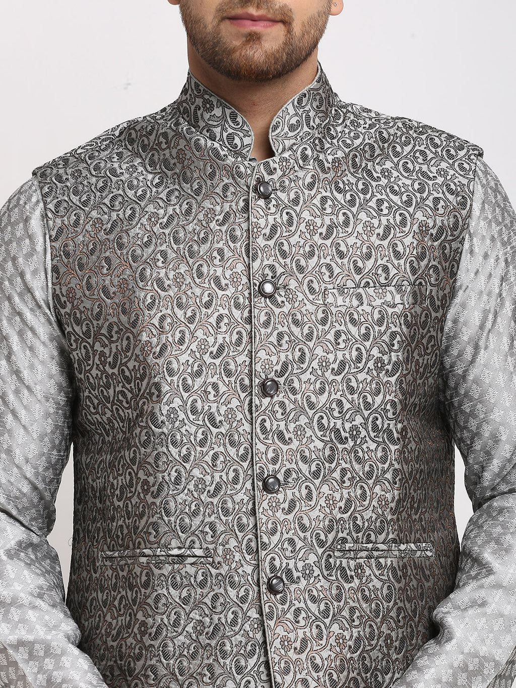 Treemoda Ethnic Brocade Grey Kurta Pajama With BlackGrey Nehru Jacket For Men