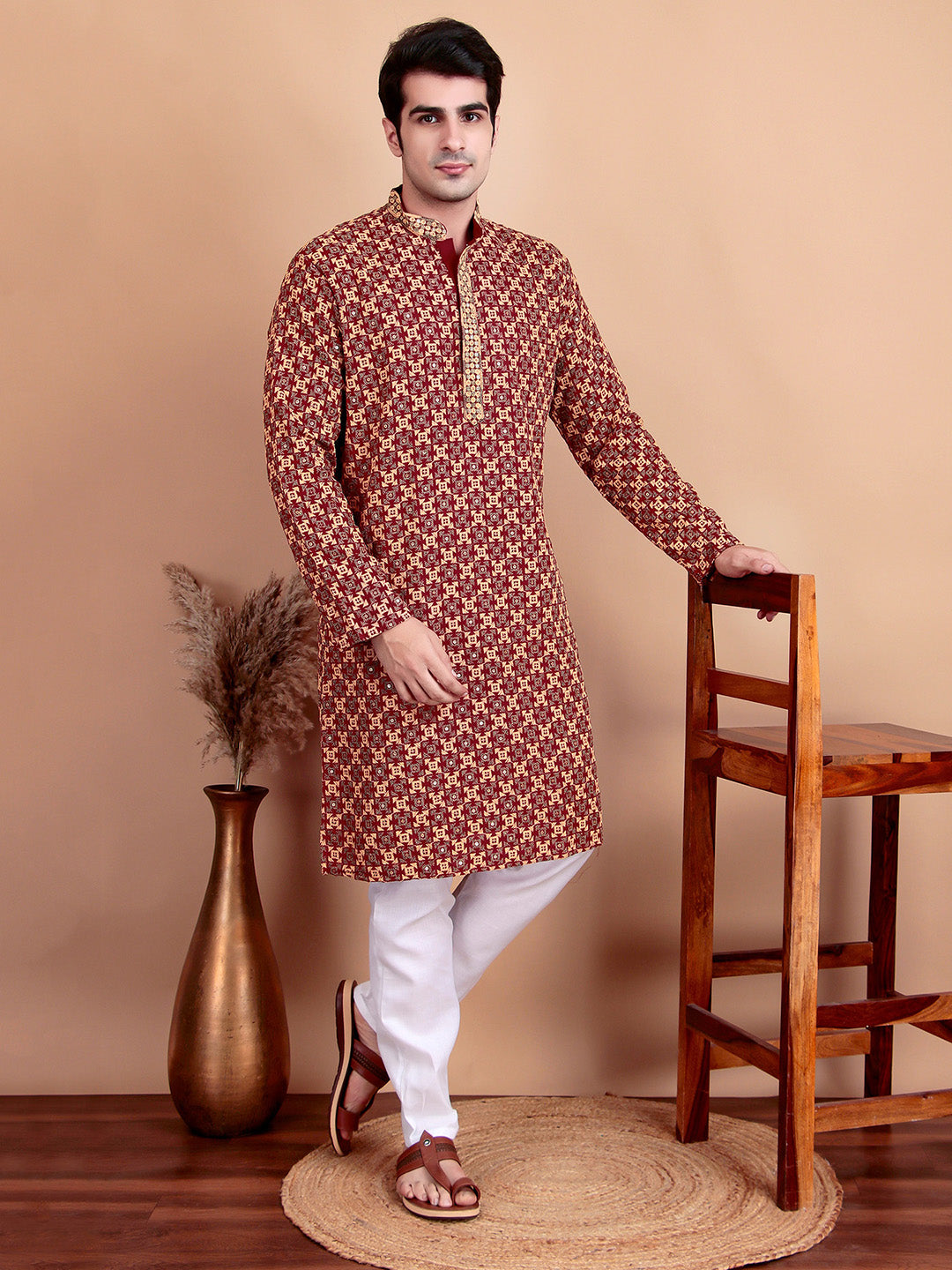 Regal Maroon & Yellow Thread  Embroidered Kurta with White Pajama for Festive Wear