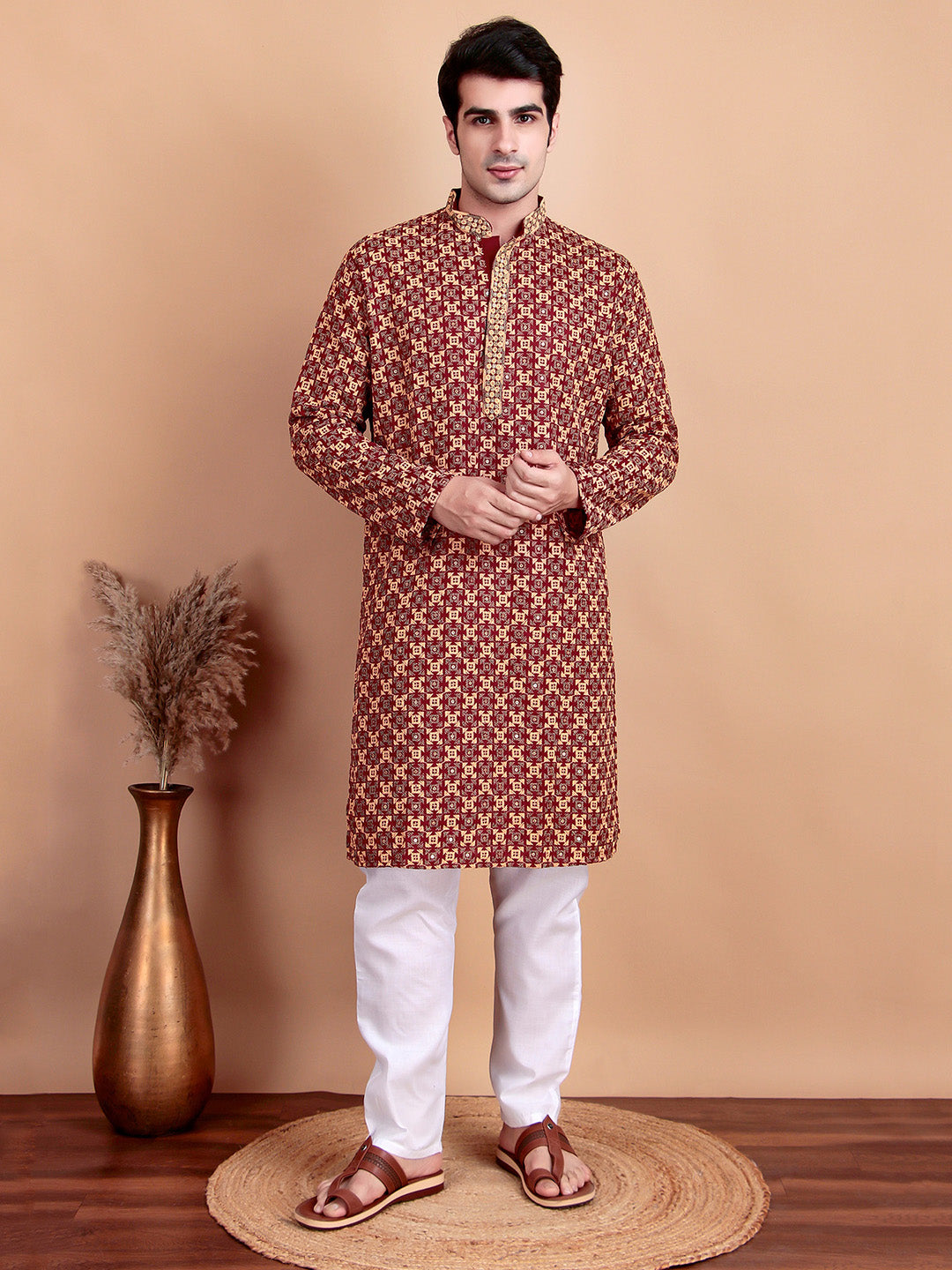 Regal Maroon & Yellow Thread  Embroidered Kurta with White Pajama for Festive Wear