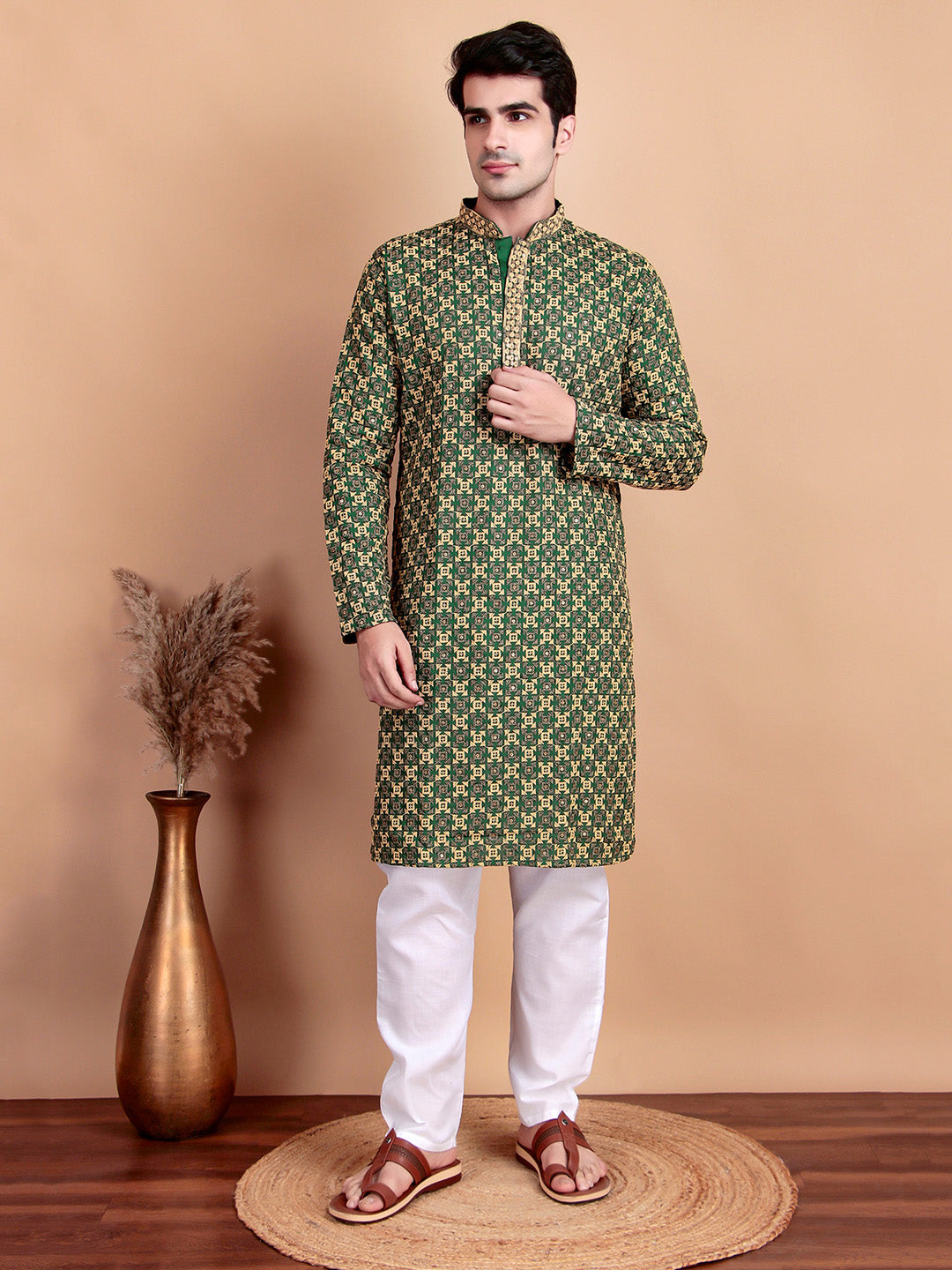 Regal Green & Yellow Thread Embroidered Kurta with White Pajama for Festive Wear