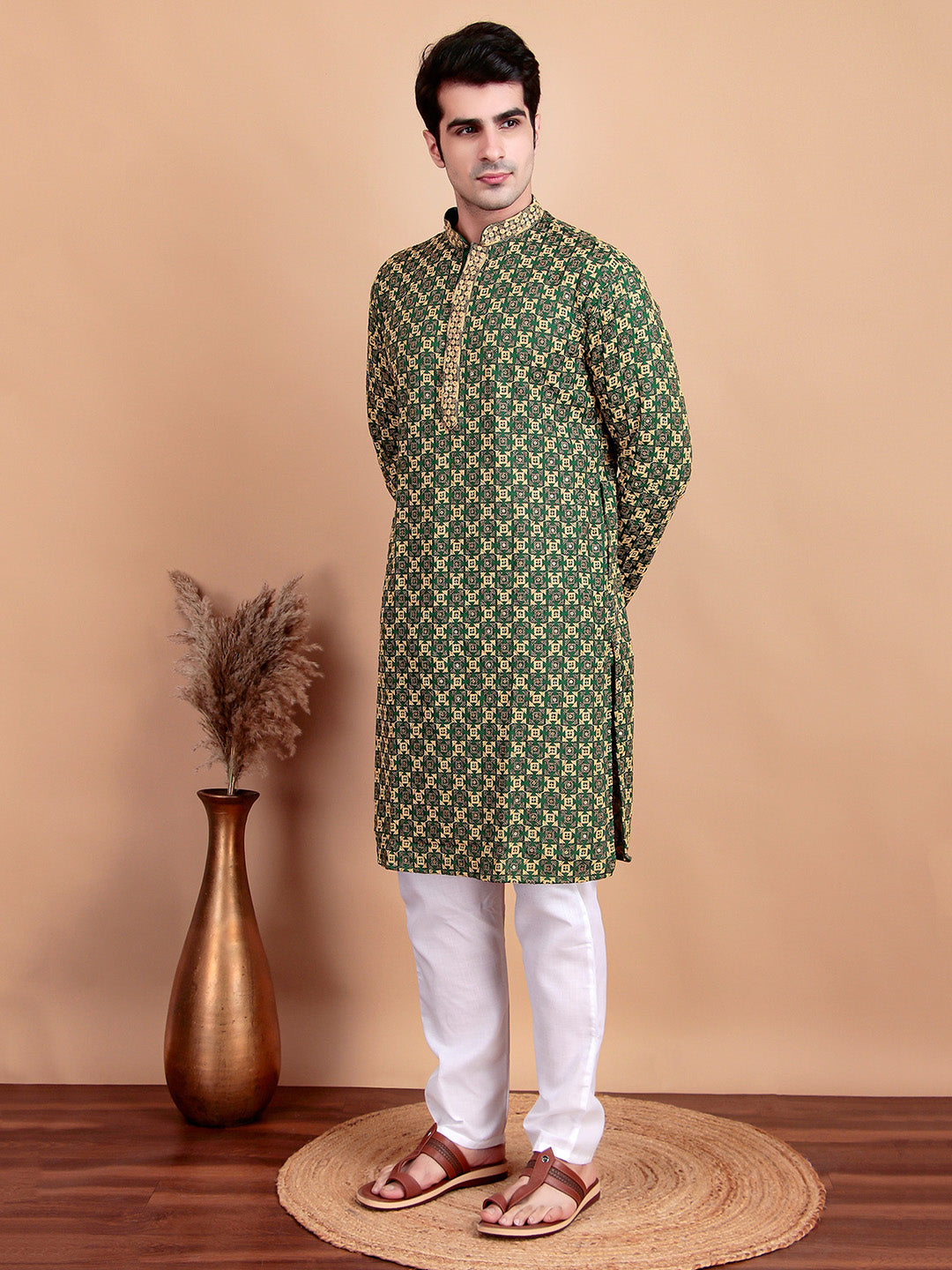 Regal Green & Yellow Thread Embroidered Kurta with White Pajama for Festive Wear