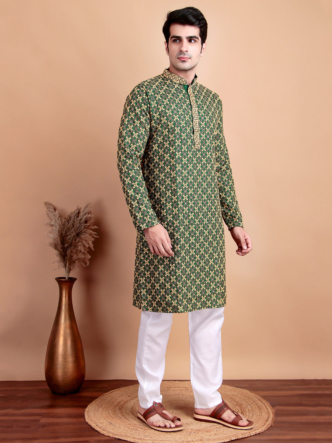 Regal Green & Yellow Thread Embroidered Kurta with White Pajama for Festive Wear