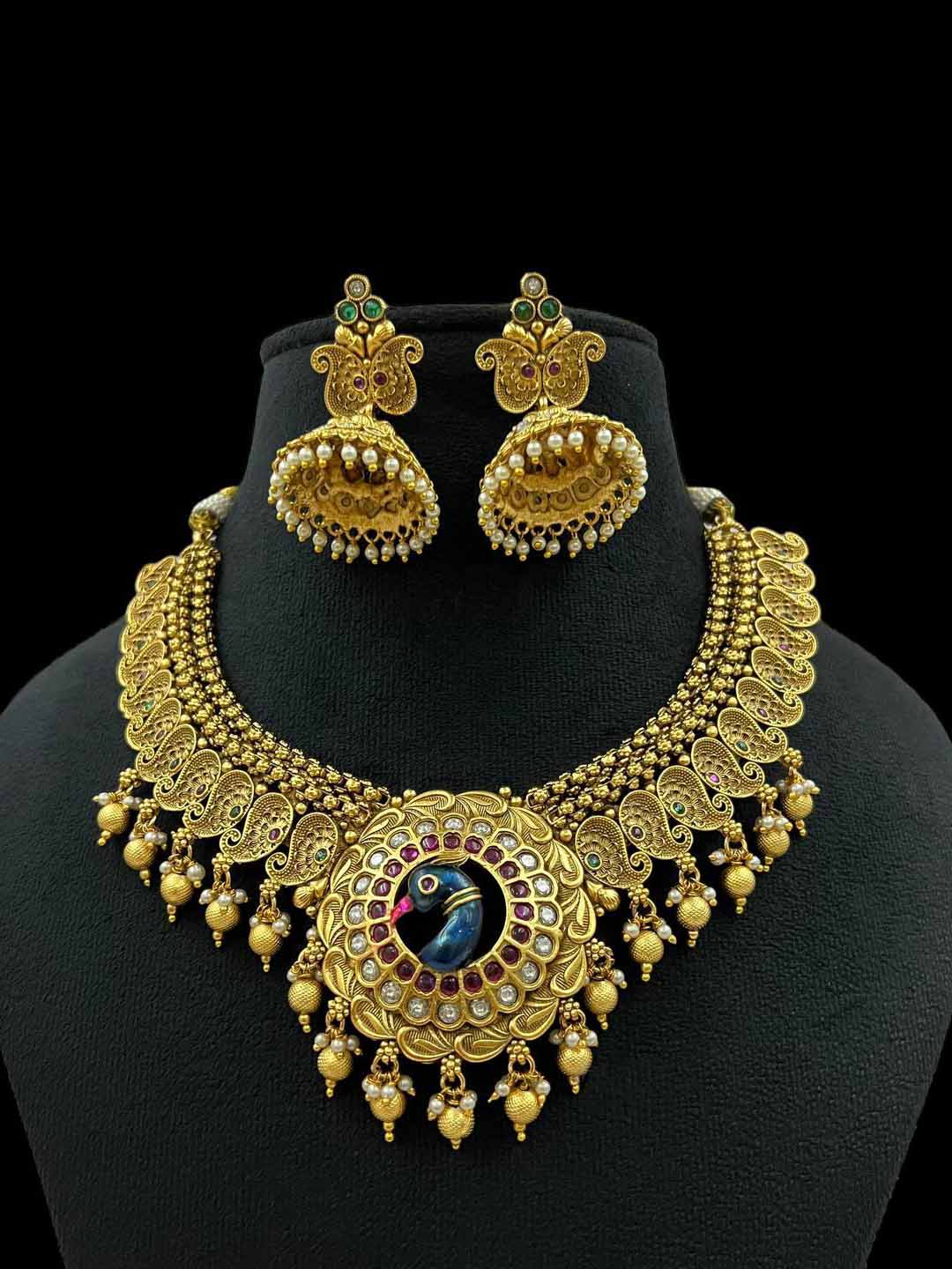 Rajawadi Necklace Peacock Antique Gold Platin Necklace with Jhumka Earrings