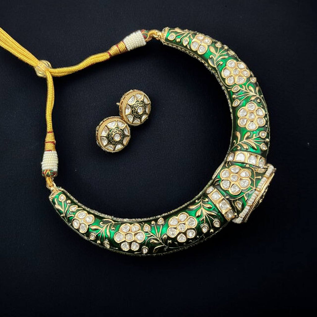 Elegant Golden Polish Traditional Meenakari Kundan Jadau Polki Hasli, Necklace with Earrings Set