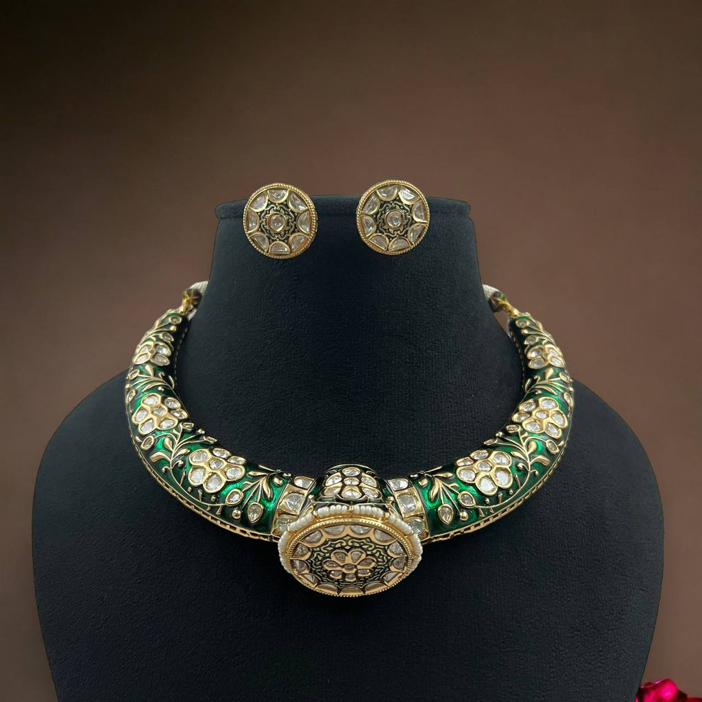 Elegant Golden Polish Traditional Meenakari Kundan Jadau Polki Hasli, Necklace with Earrings Set