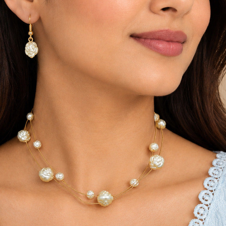 Elegant Brass Pearl Necklace & Earrings Set with Shell-Coated Pearls