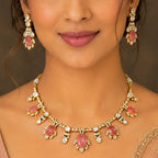 Elegant Peach Doublet Stone Necklace Set with AAA AD & Moissanite Polki Finish