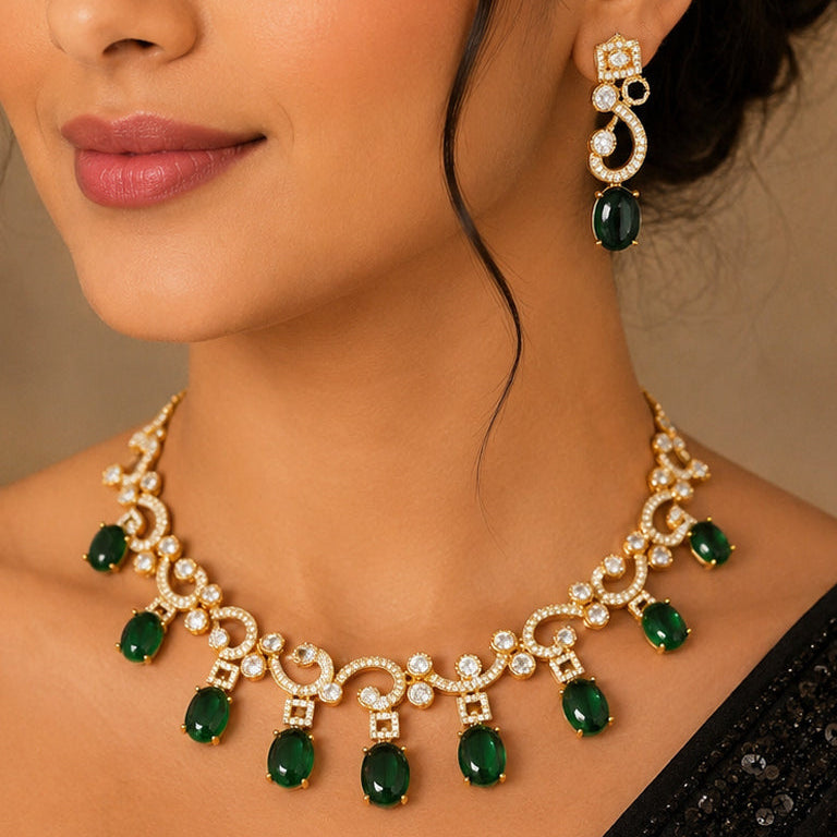 Royal Emerald Green Moissanite Polki Necklace Set with AAA AD Stones