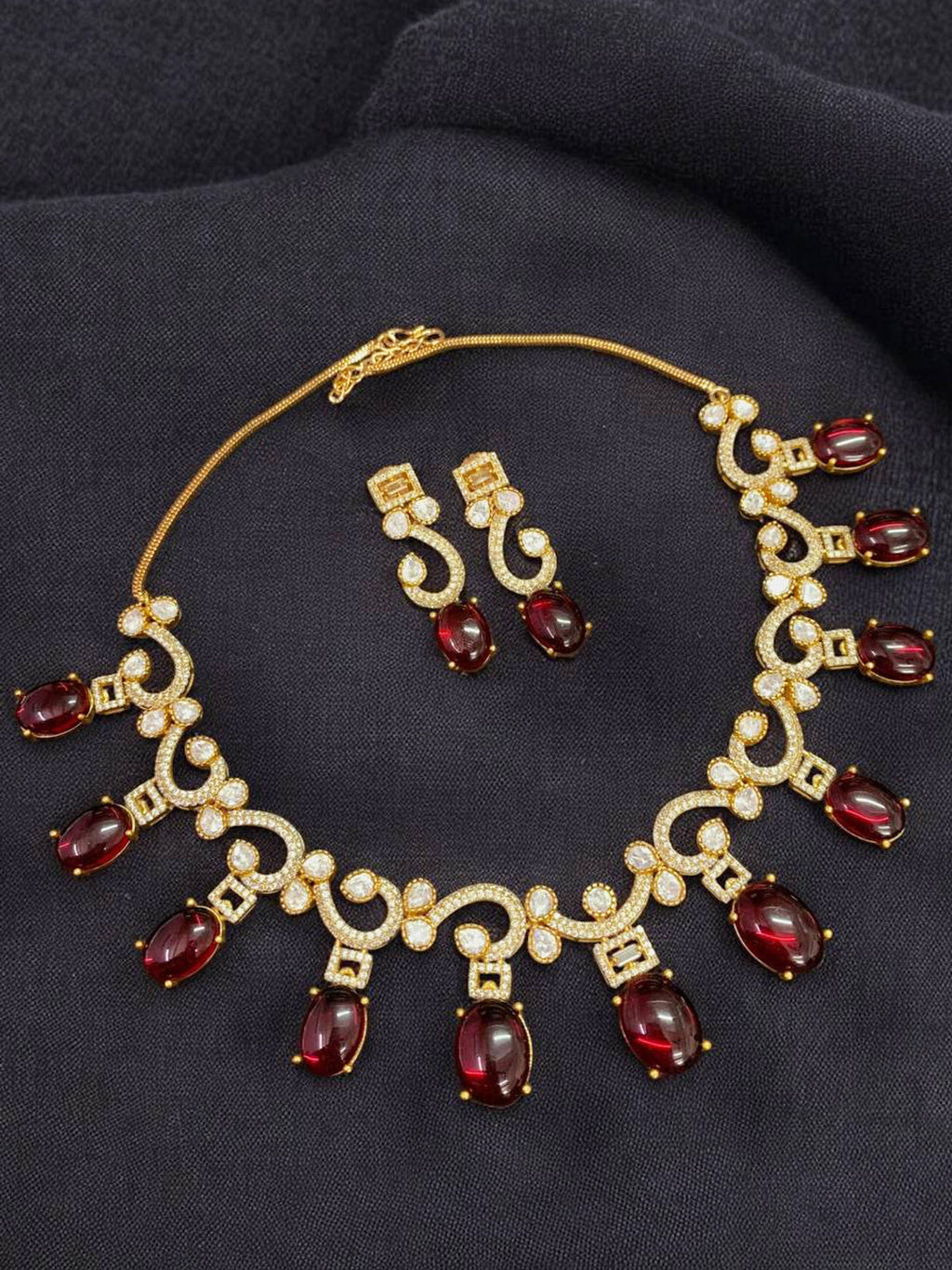 Royal Ruby Red Moissanite Polki Necklace Set with AAA AD Sparkle
