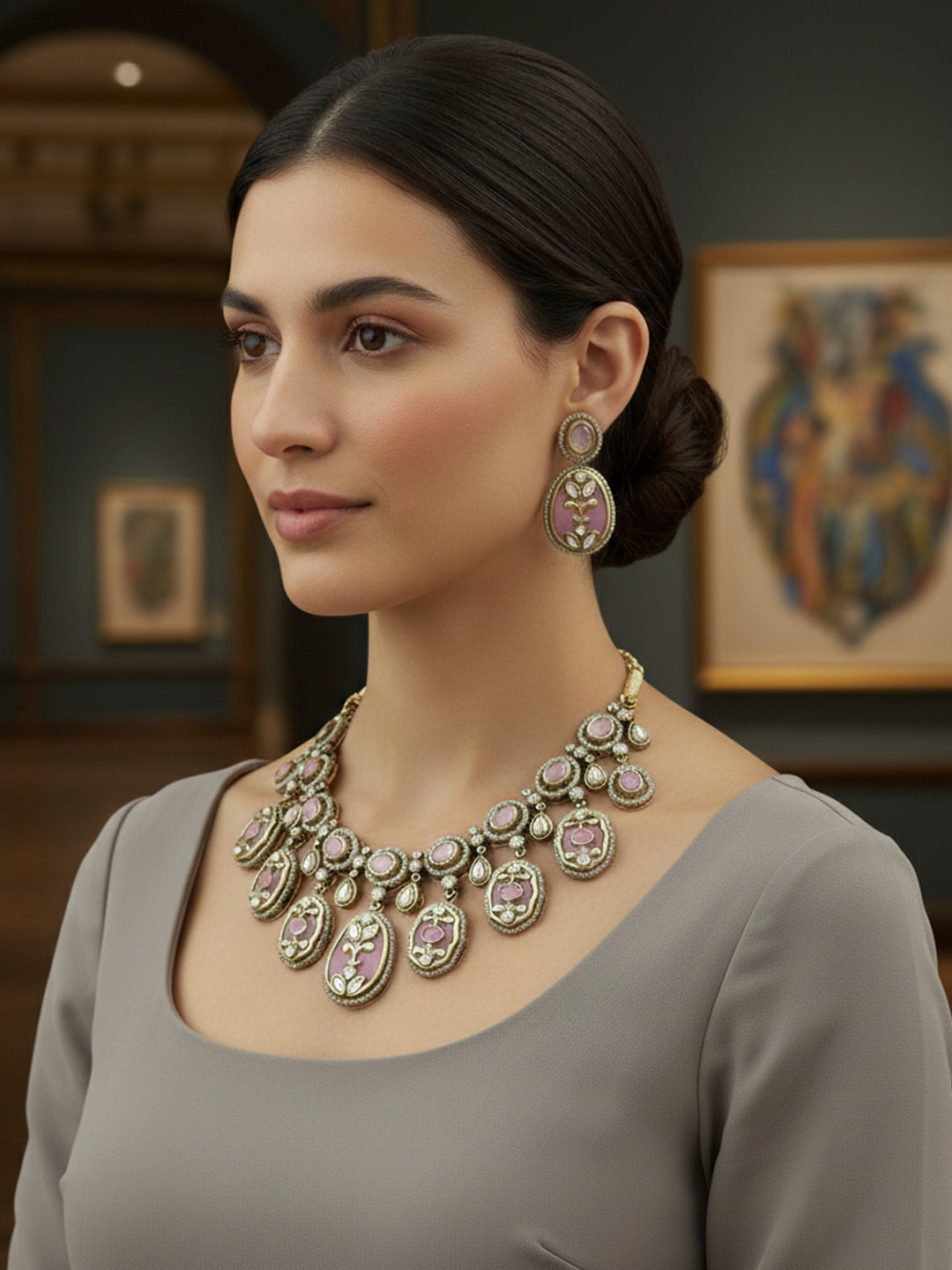 Handcrafted Holdali Victorian-Polish Moissanite Polki Necklace Set