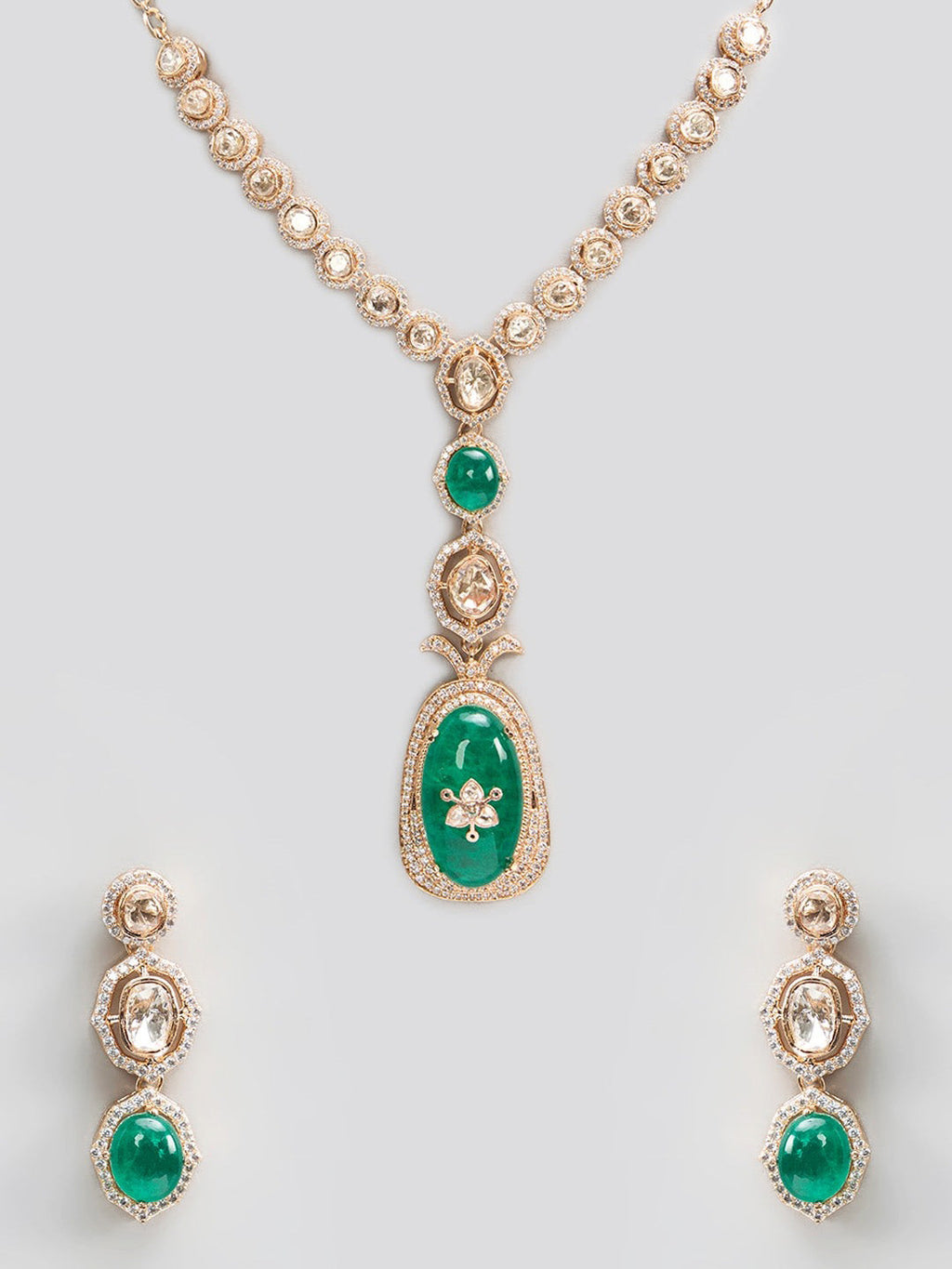 Luxury Emerald Drop Necklace Set with Polki Stones