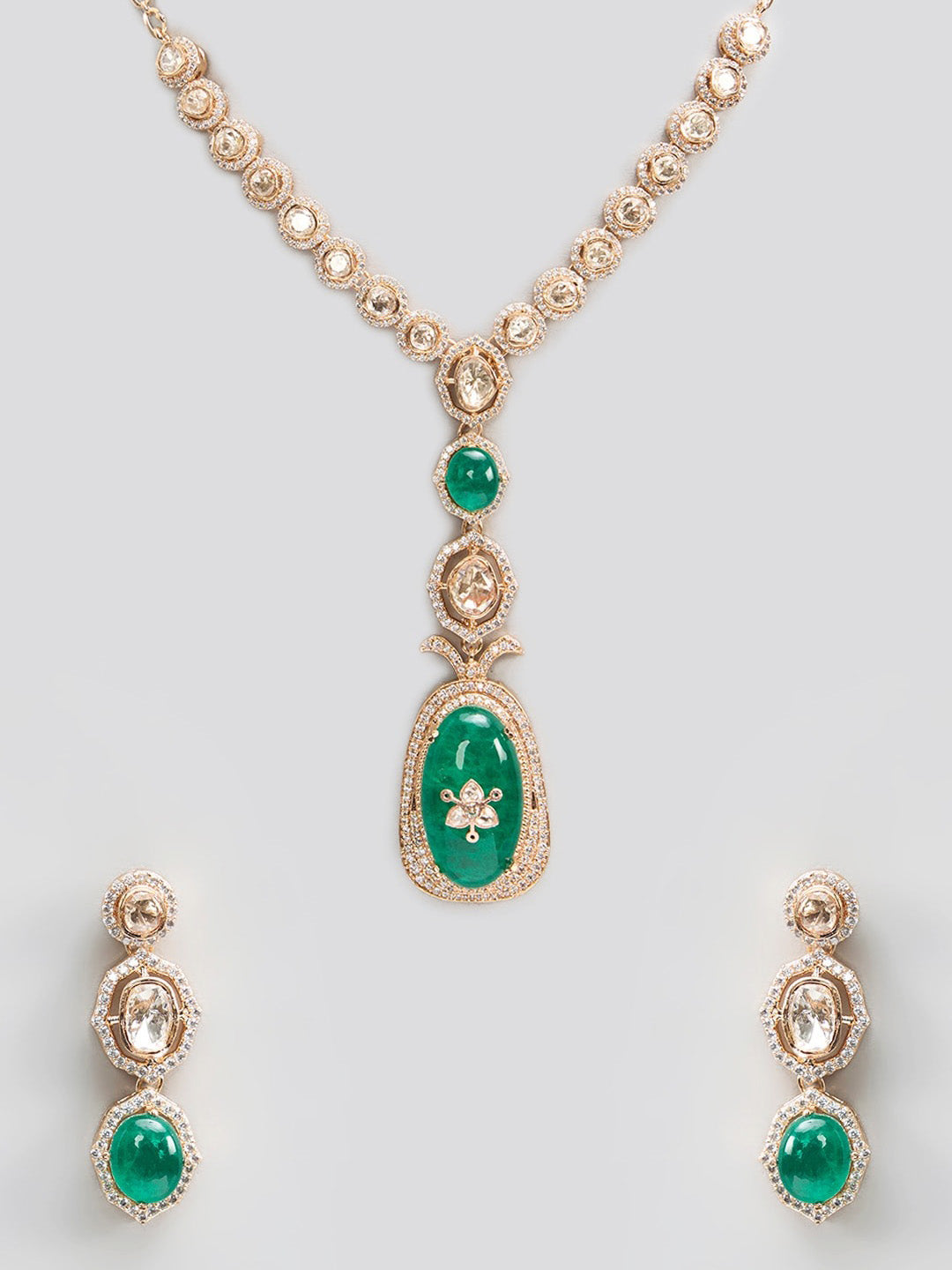 Luxury Emerald Drop Necklace Set with Polki Stones