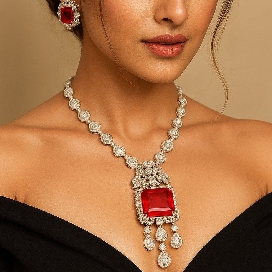Queen’s Charm Red Stone Diamond Necklace Set