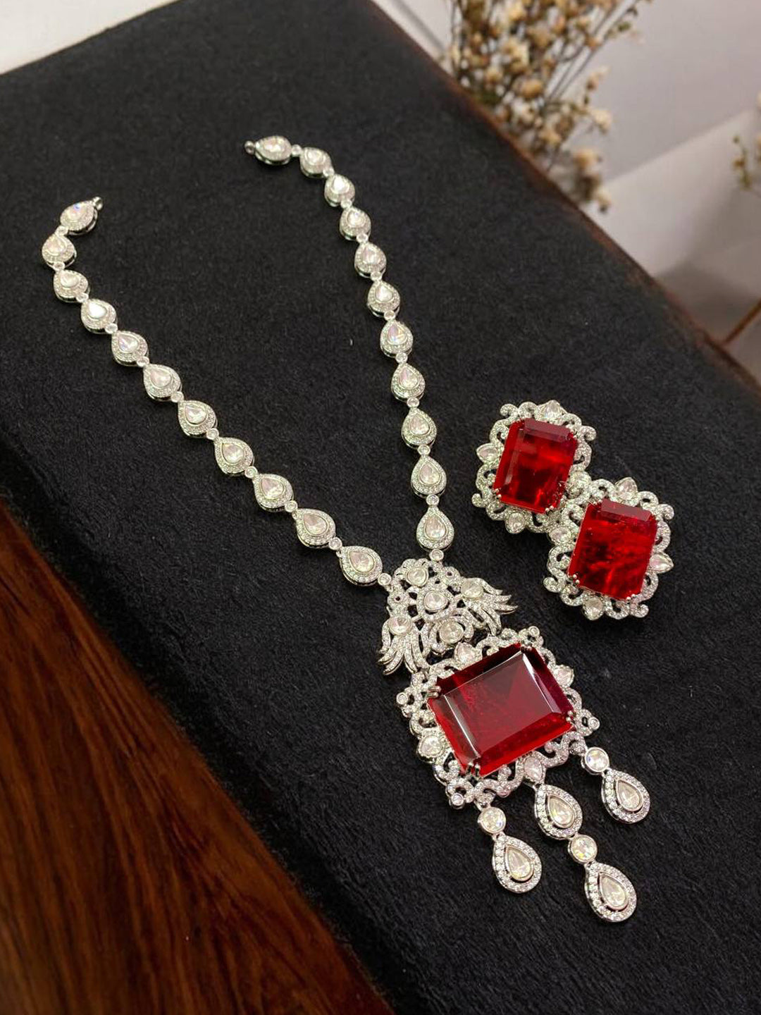 Queen’s Charm Red Stone Diamond Necklace Set