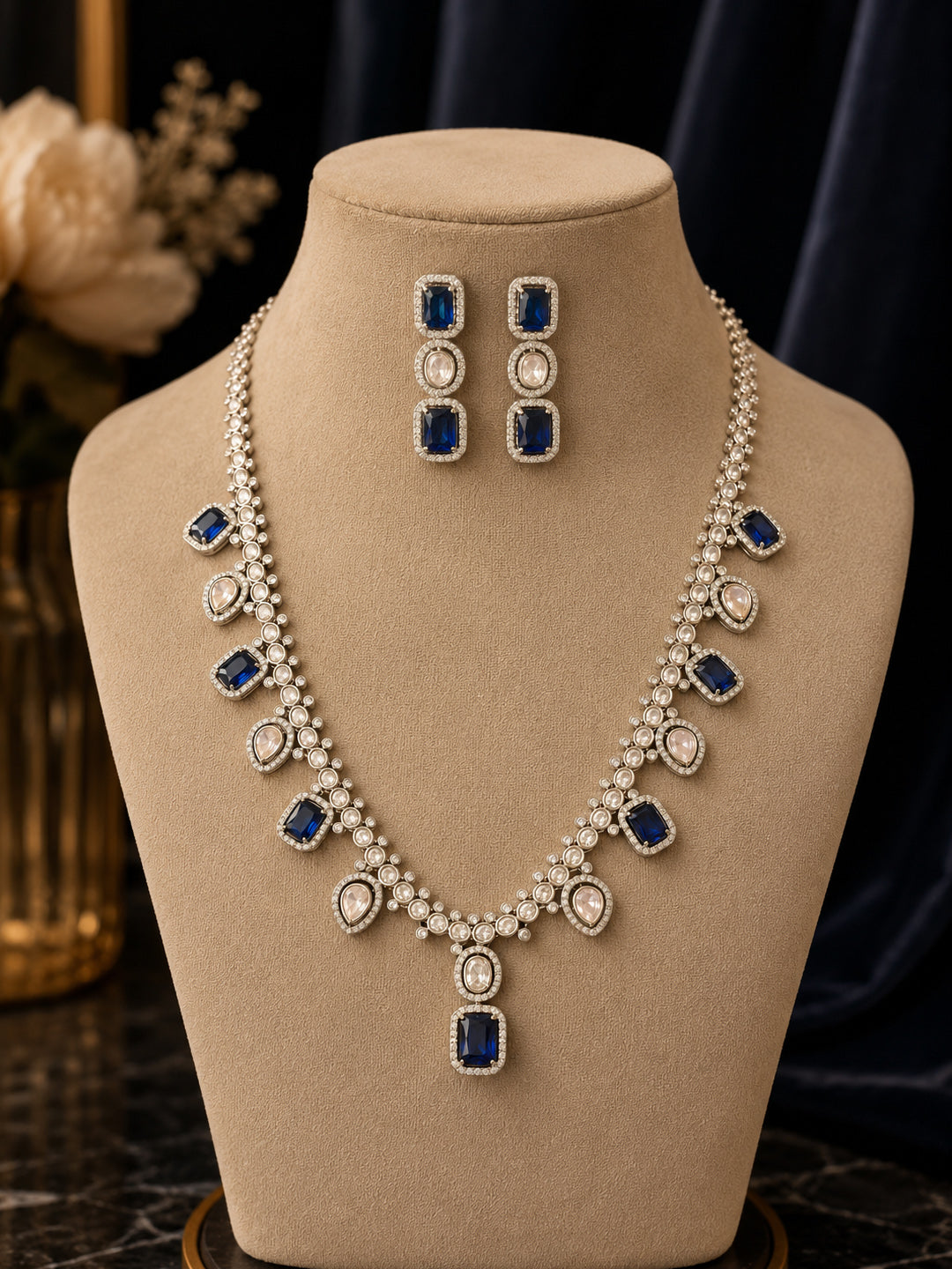 Premium Blue Stone & American Diamond Necklace Set | Elegant Party Wear Jewelry