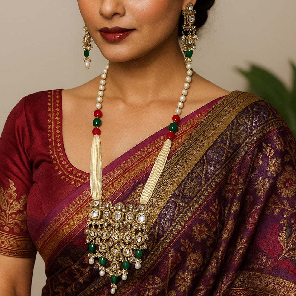 Traditional Green & Red Beaded Kundan Jewelry Set