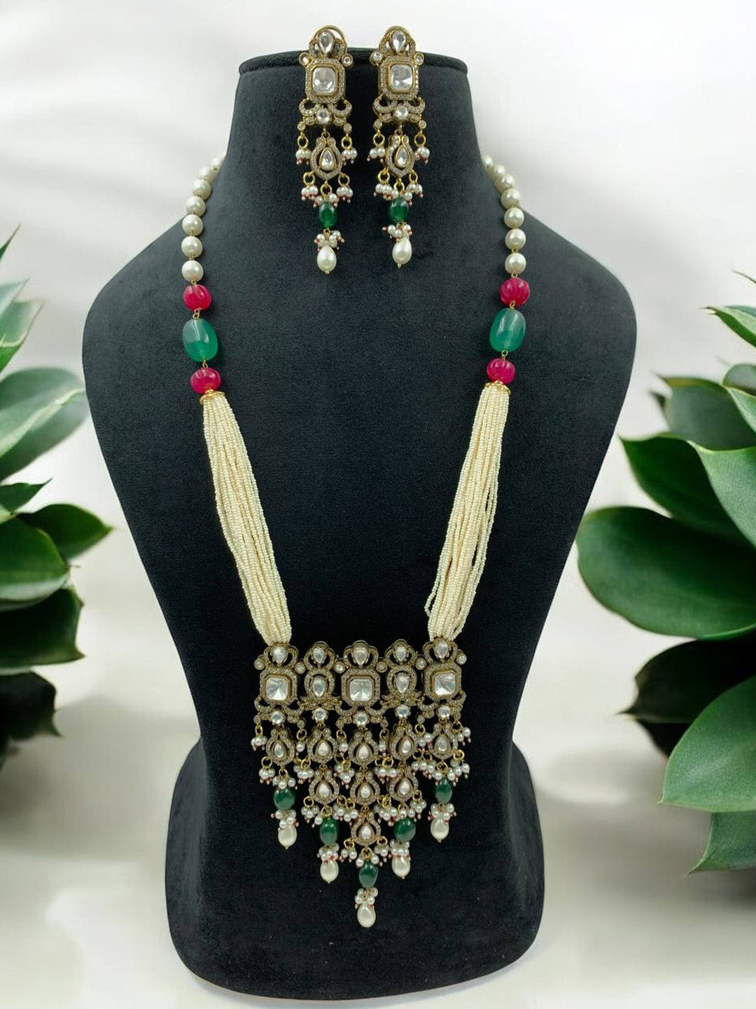 Traditional Green & Red Beaded Kundan Jewelry Set