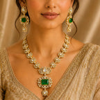Royal Victorian Emerald Doublet Necklace Set with Moissanite Polki & AAA AD