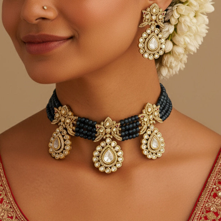 Elegant Onyx Beaded Victorian Necklace Set with Moissanite Polki CZ
