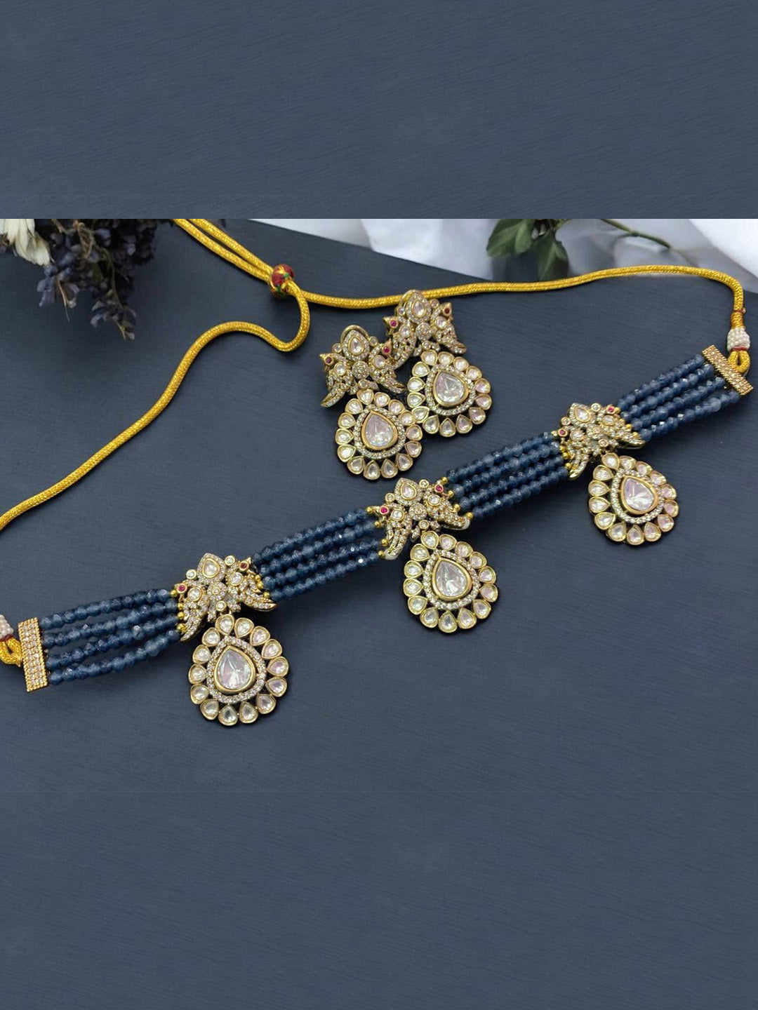Elegant Onyx Beaded Victorian Necklace Set with Moissanite Polki CZ