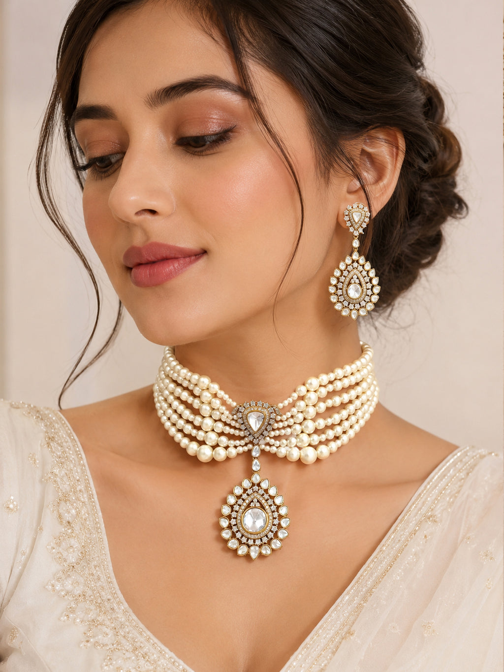 Elegant Victorian Pearl Choker Necklace Set with AAA AD Stones