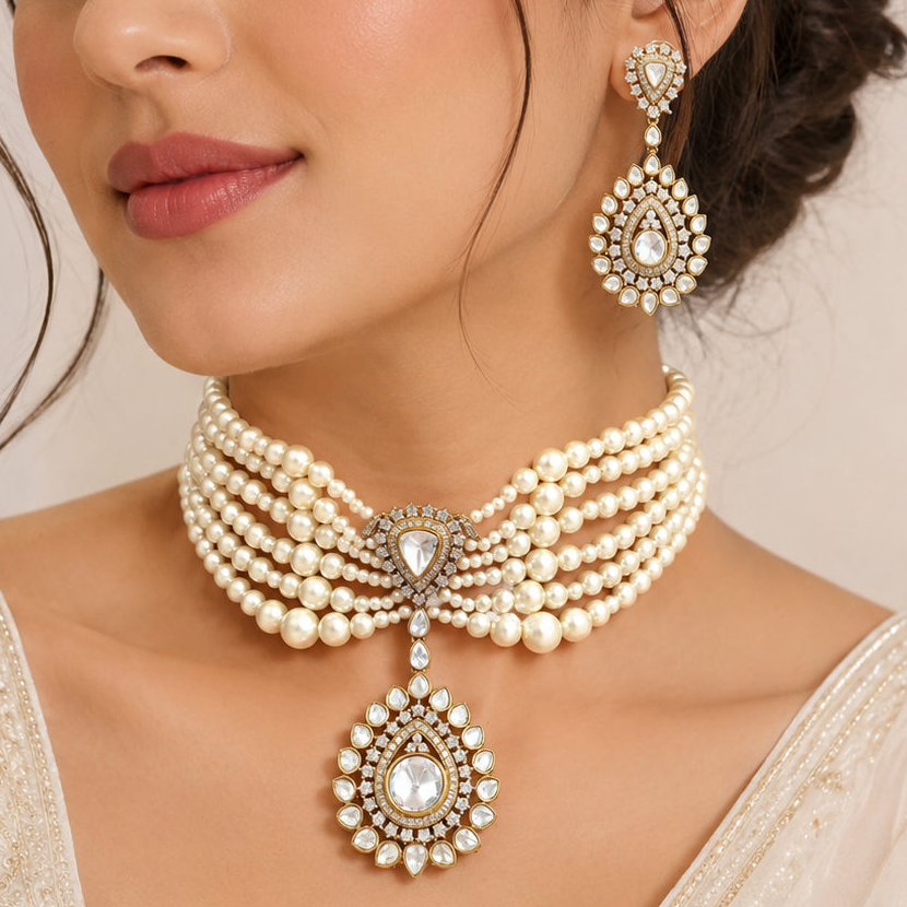 Elegant Victorian Pearl Choker Necklace Set with AAA AD Stones