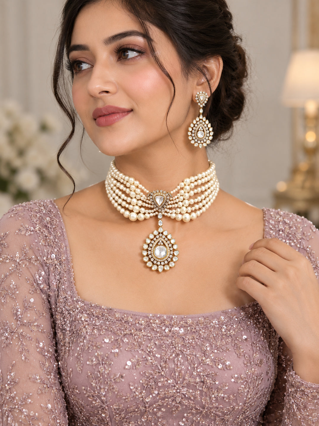 Elegant Victorian Pearl Choker Necklace Set with AAA AD Stones