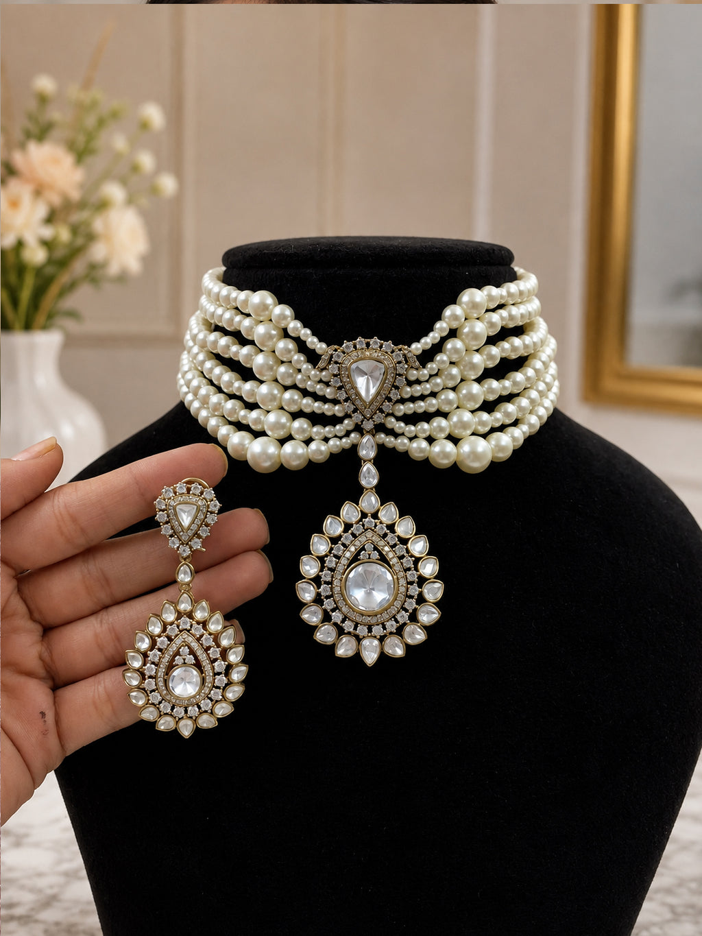 Elegant Victorian Pearl Choker Necklace Set with AAA AD Stones