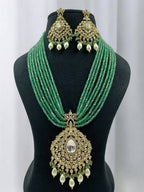 Elegant Green Beaded Kundan Necklace Set with Pearl Drops