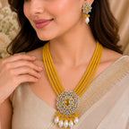 Yellow Beaded Statement Necklace Set with Floral Pendant & Pearl Drops