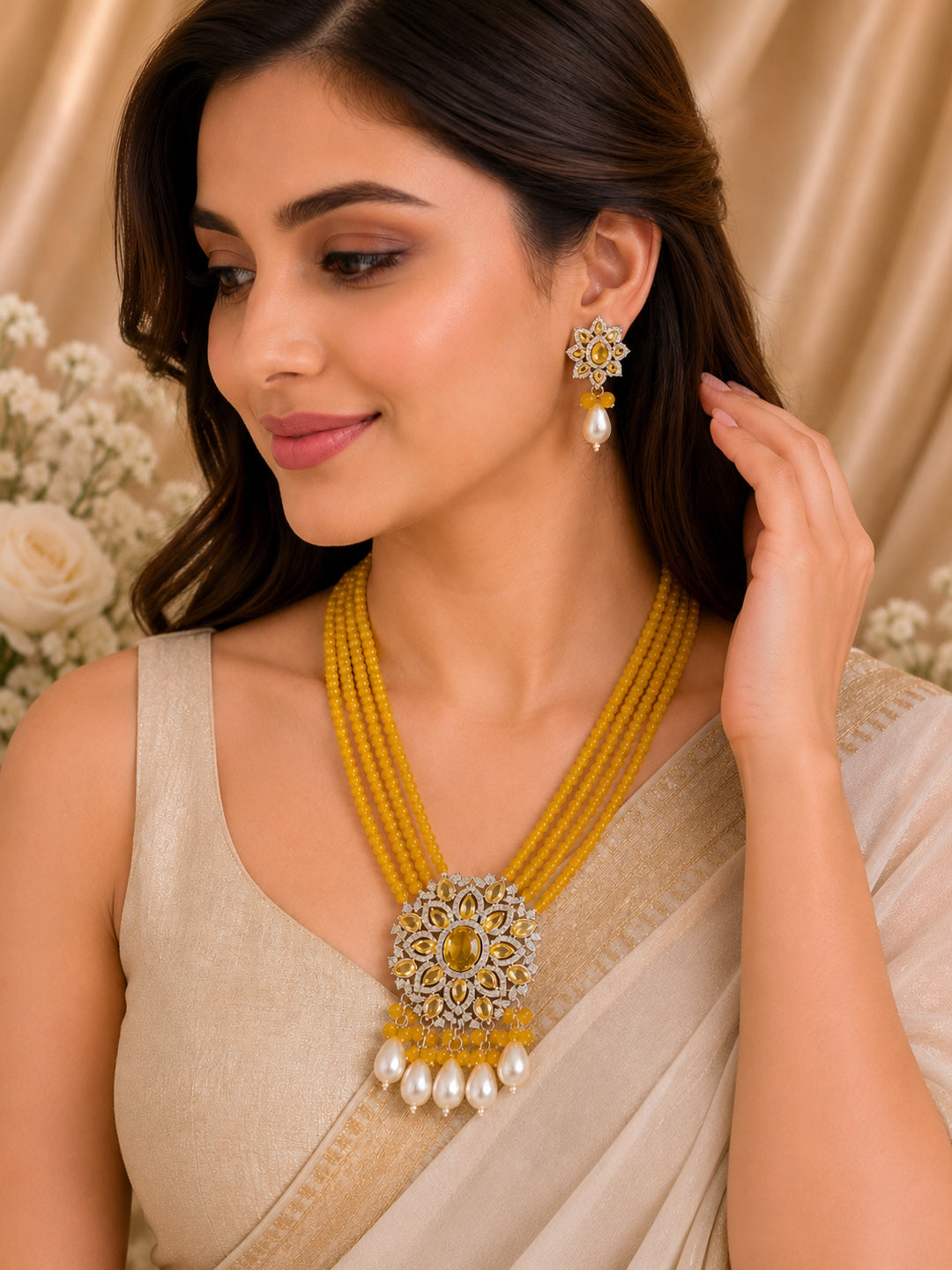 Yellow Beaded Statement Necklace Set with Floral Pendant & Pearl Drops