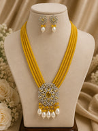 Yellow Beaded Statement Necklace Set with Floral Pendant & Pearl Drops