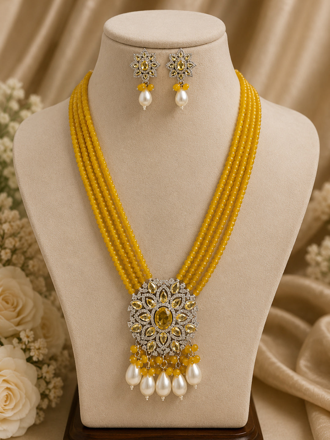 Yellow Beaded Statement Necklace Set with Floral Pendant & Pearl Drops