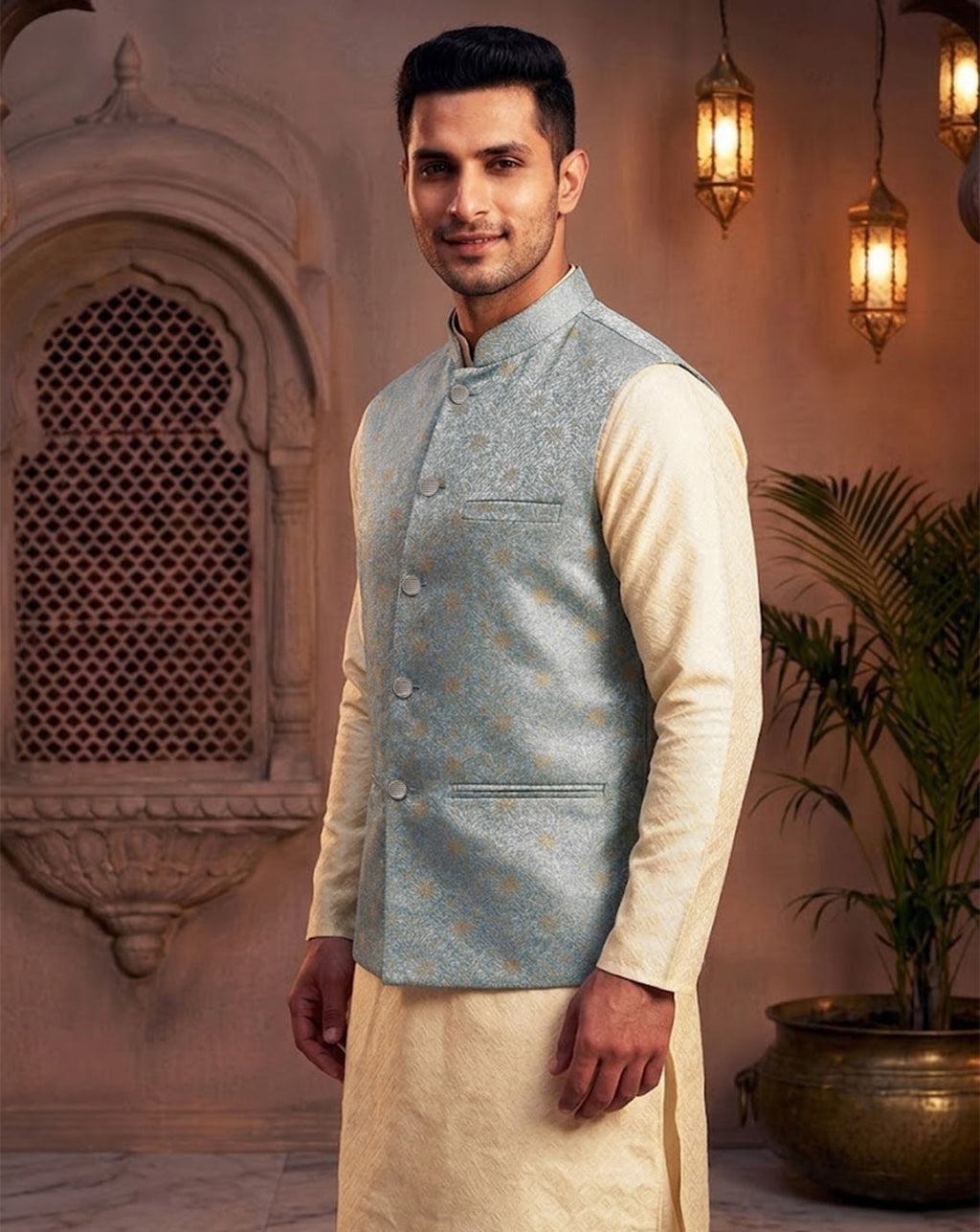 Elegant  Sky Blue Ethnic Nehru Jacket  for Men By Treemoda