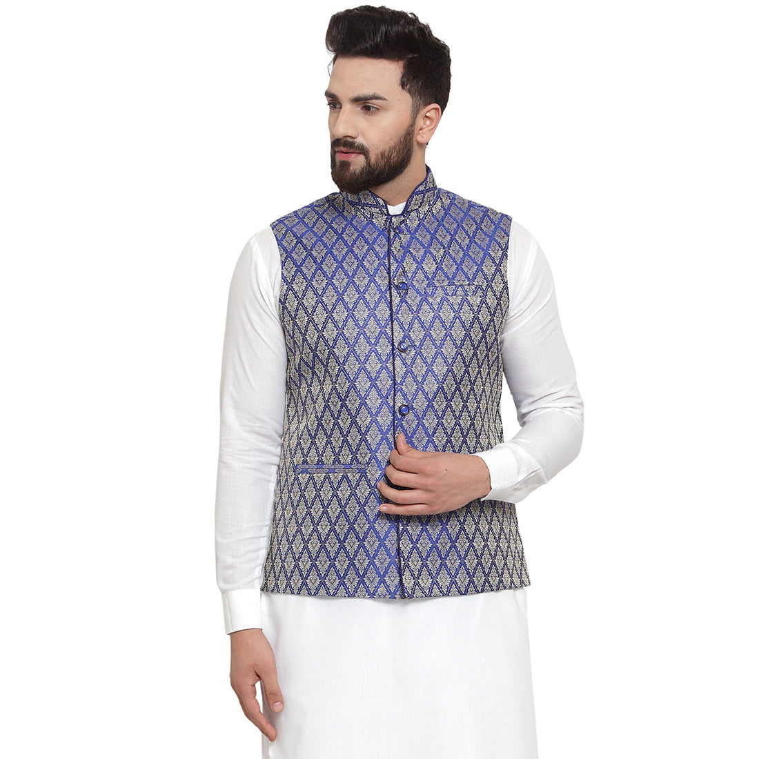 Treemoda New Designer Men Blue Brocade Nehru Jacket For Men