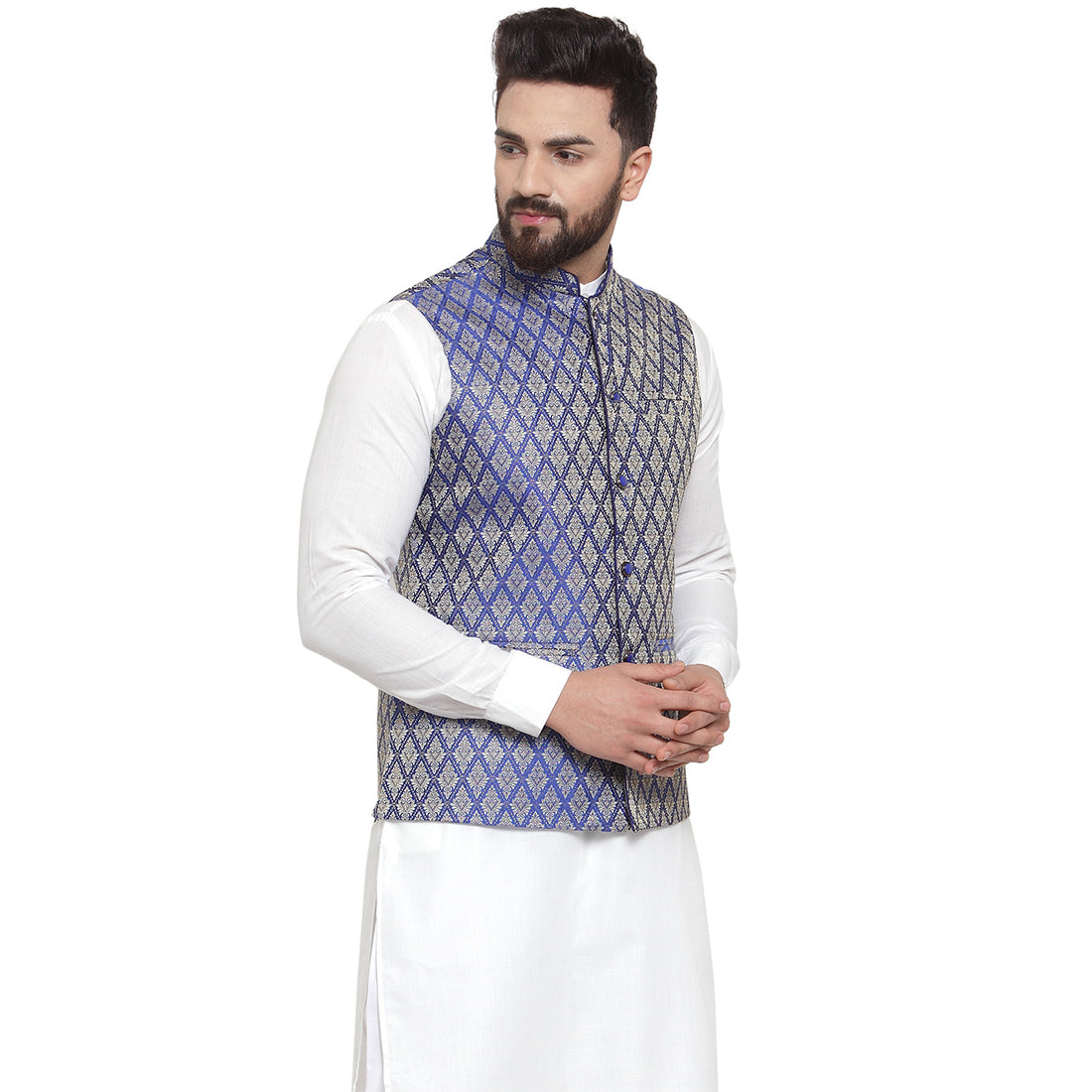 Treemoda New Designer Men Blue Brocade Nehru Jacket For Men